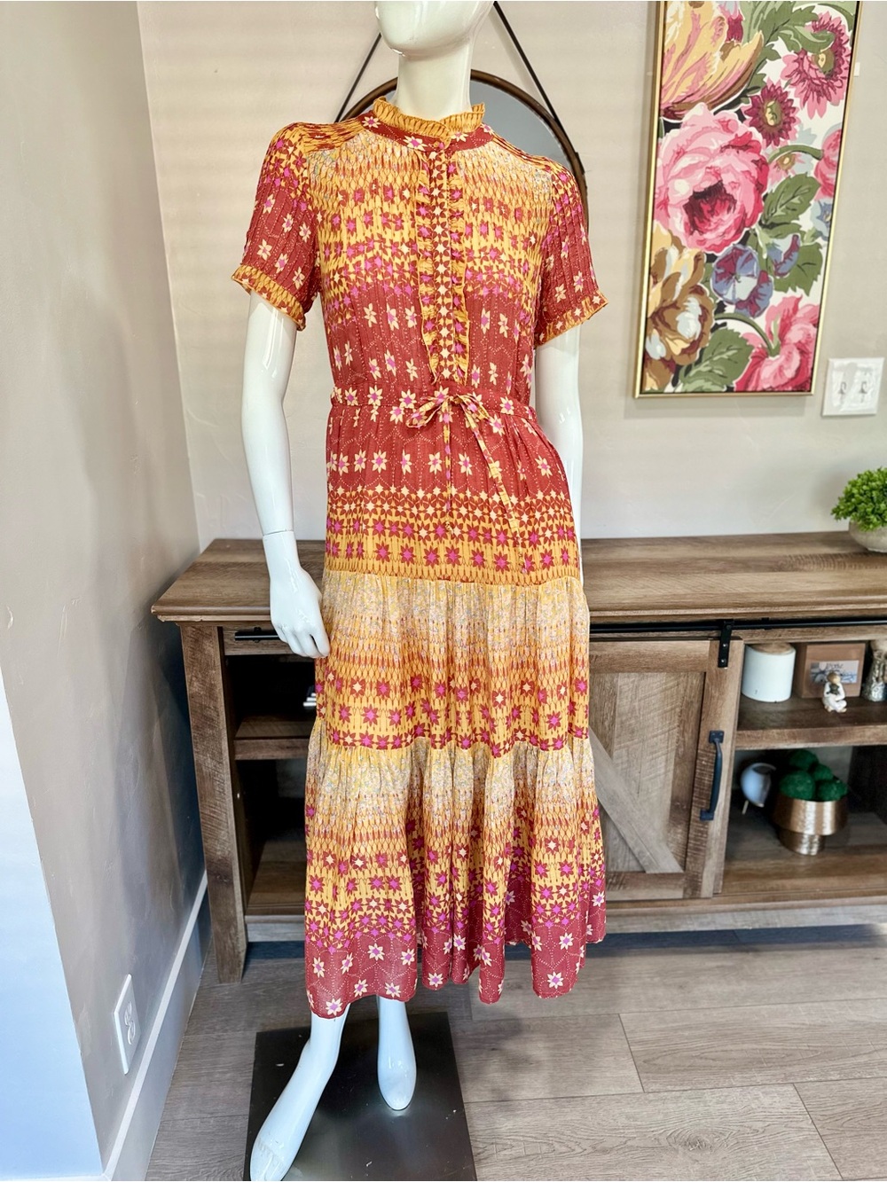 Free People Women's Bohemian Rare Feelings Tiered Maxi Dress S Peasant Prairie